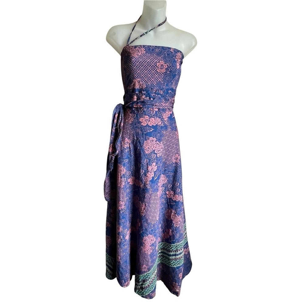 Boho Floral Maxi Halter Dress Silk Blend Resort Festival Vacation ** Small flaw
